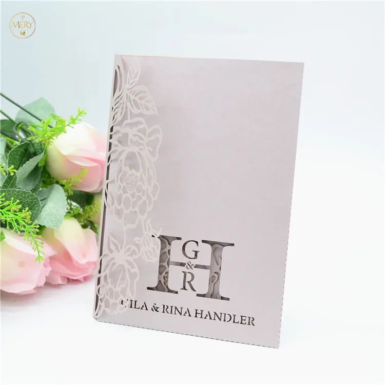 Bright silver laser cut Tri fold invitation cards for weddings