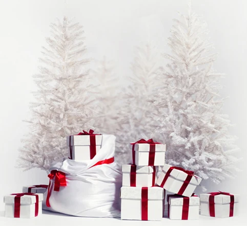 

10x10FT White Box Gifts Bag Bows Grey Sky Iced Trees Christmas Custom Photography Studio Backdrops Backgrounds Vinyl 8x8 8x10