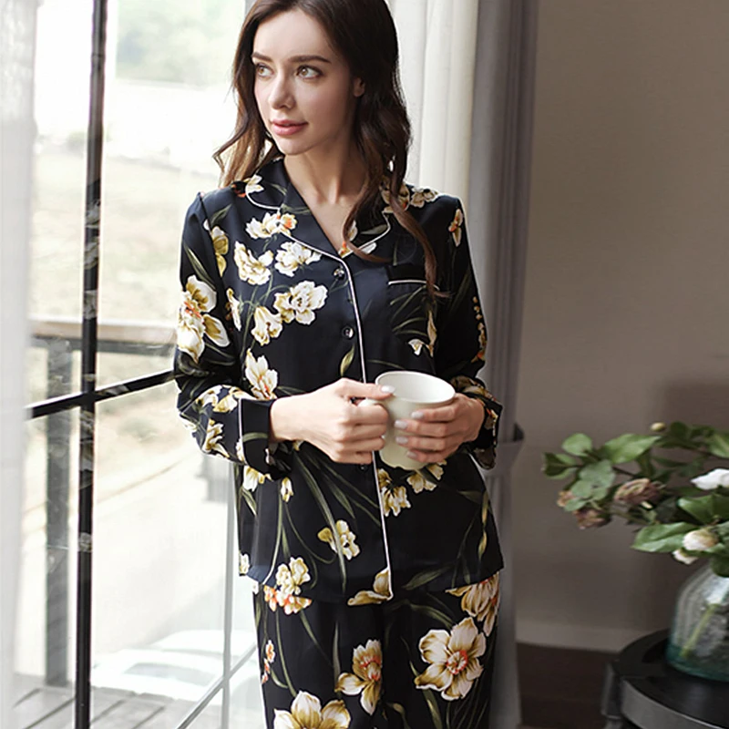 Pajamas Women Robe Sets 100% Silk Printed Fabric Sleepwear Two Pieces Set Turn-down Collar Elastic Waist Nightgown Suits