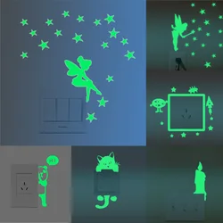 Luminous Cartoon Switch Sticker Glow In The Dark Cat Sticker Fluorescent Fairy Moon Stars Wall Stickers Kid Room Home Decoration