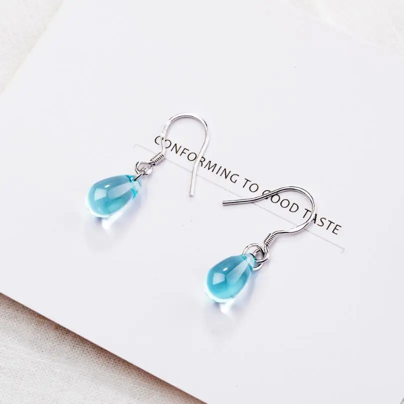 New Korean Literary Sweet Blue Crystal Water Drop Earrings For Women Pendientes Jewelry Gift Brincos SAE482