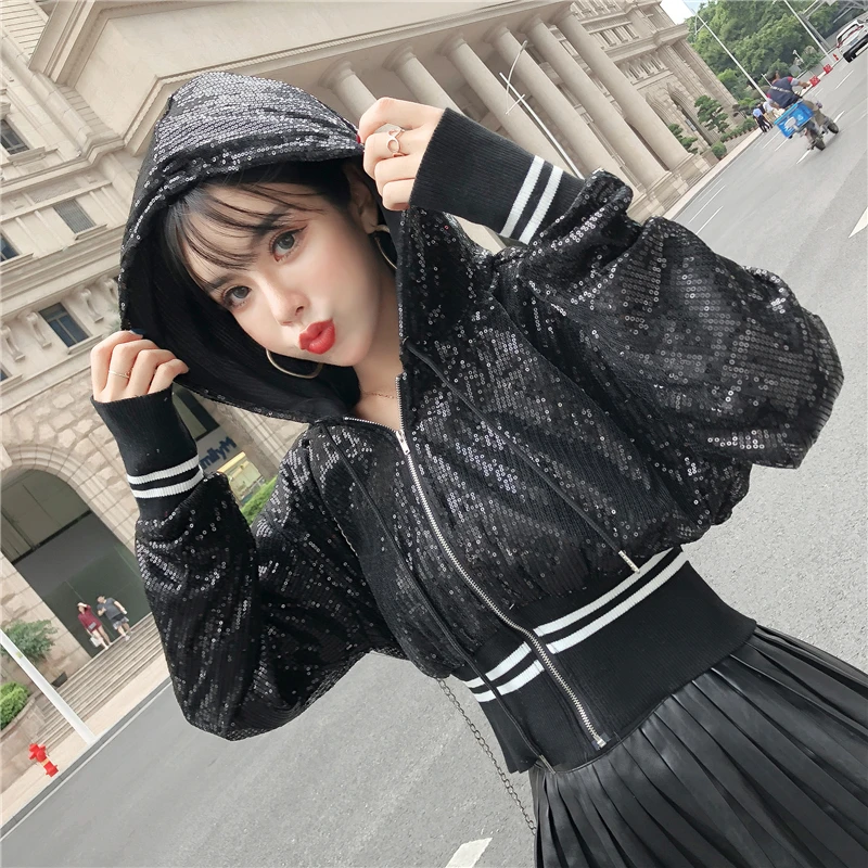 Harajuku Hooded Jacket Women Short Jacket Loose BF Style Coat Outwear Glitter Thin Windbreaker Streetwear Hip Hop Korean Clothes