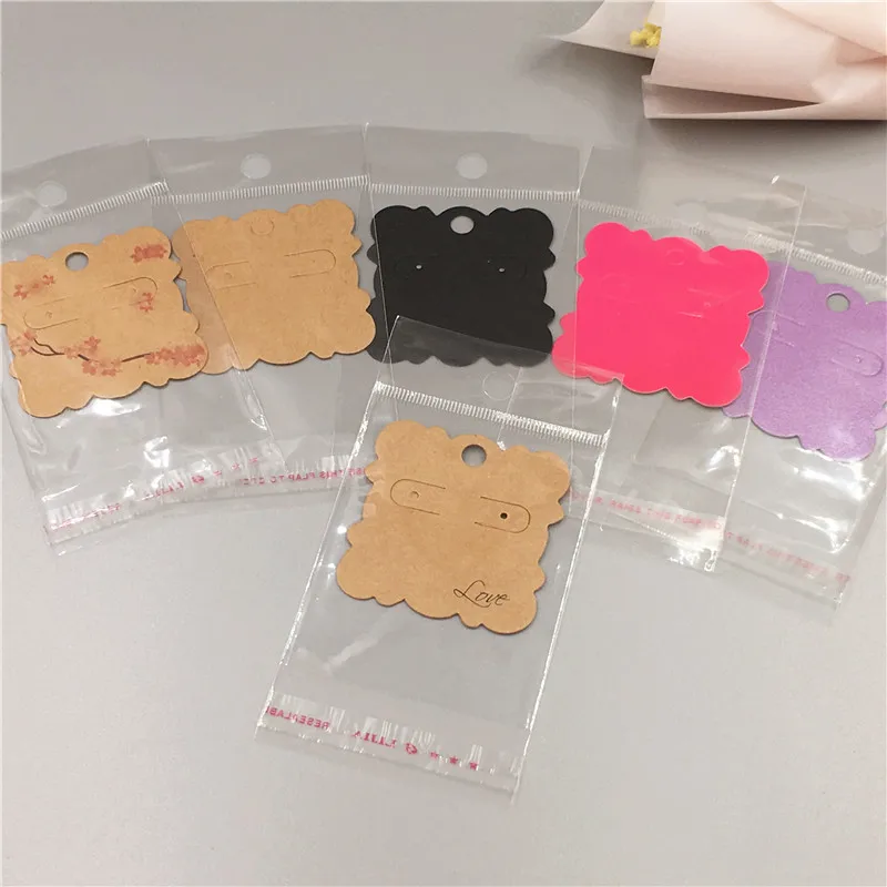 100Pcs/Lot 5x5cm Earring Card Square Handmade Flower Printing Kraft Paper Jewelry Display Accessory Card With 100 Opp Bags Sets