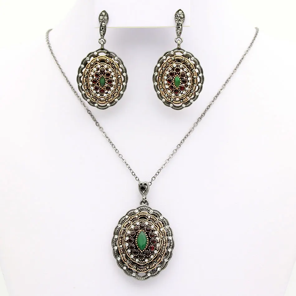 SUNSPICE-MS Retro Vintage Turkish Round Drop Earring Necklace Sets For Women Arabic Ethnic Wedding Jewelry with Rhinestone