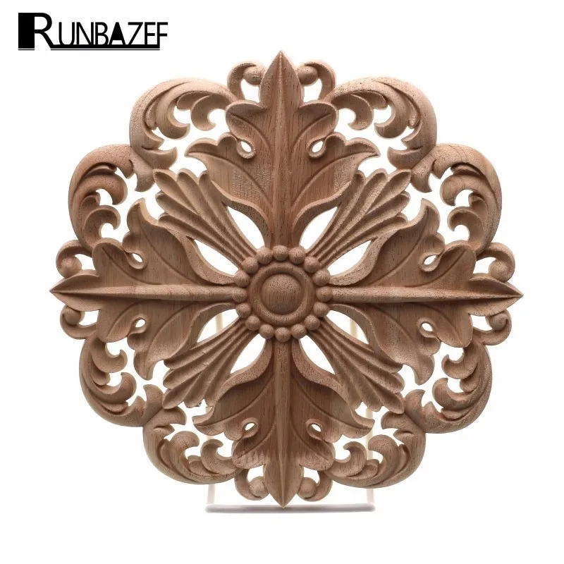 

RUNBAZEF Woodcarving Furniture Decoration European Style Solid Wood Round Applique Heart Decorative Flower Figurines Miniatures