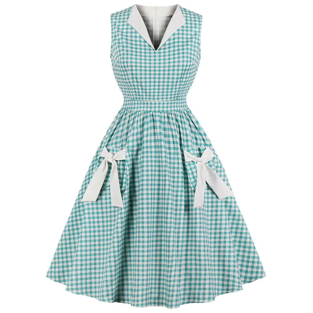 Green Plaid Vintage Dress Women Check Print Bow Pockets Pin Up Vestidos Summer A-Line Cotton Party Dresses Womens Clothing 4XL