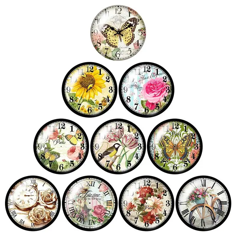 Clock flowers pattern buildings 10pcs mixed 12mm/16mm/18mm/25mm Round photo glass cabochon demo flat back Making findings