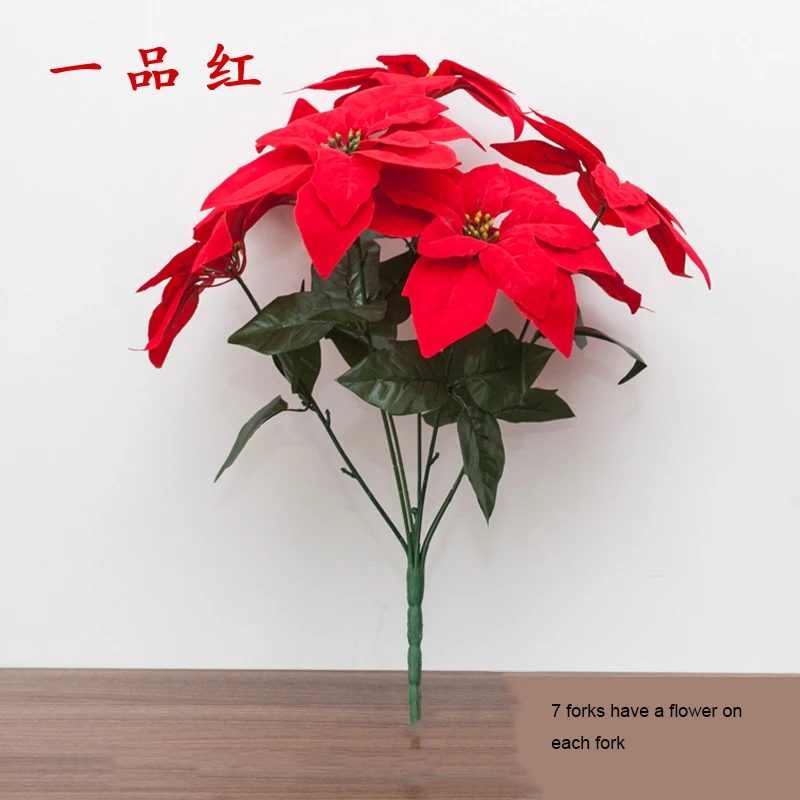 Artificial Poinsettia Flowers for Home Decoration, Silk Potted Flowers, Decorative Floral for Christmas, 7 Forks