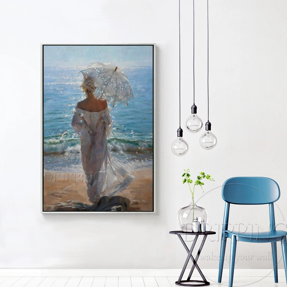 High Quality Wall Art Painting Beauty with Umbrella Oil Painting Handmade Beautiful Landscape Beach and Beauty Girl Oil Painting