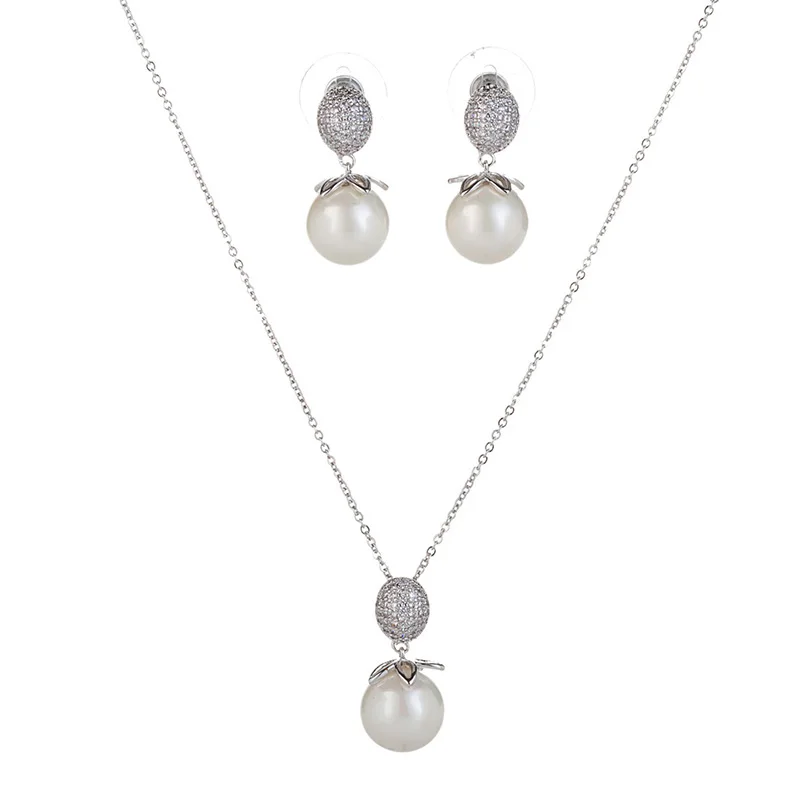 HadiyanaTrendy Noble Lady Micro Inlaid Pendant Earrings Set Simple Pearl AAA Cubic Zirconia Necklace Party Jewelry Gift TZ8094