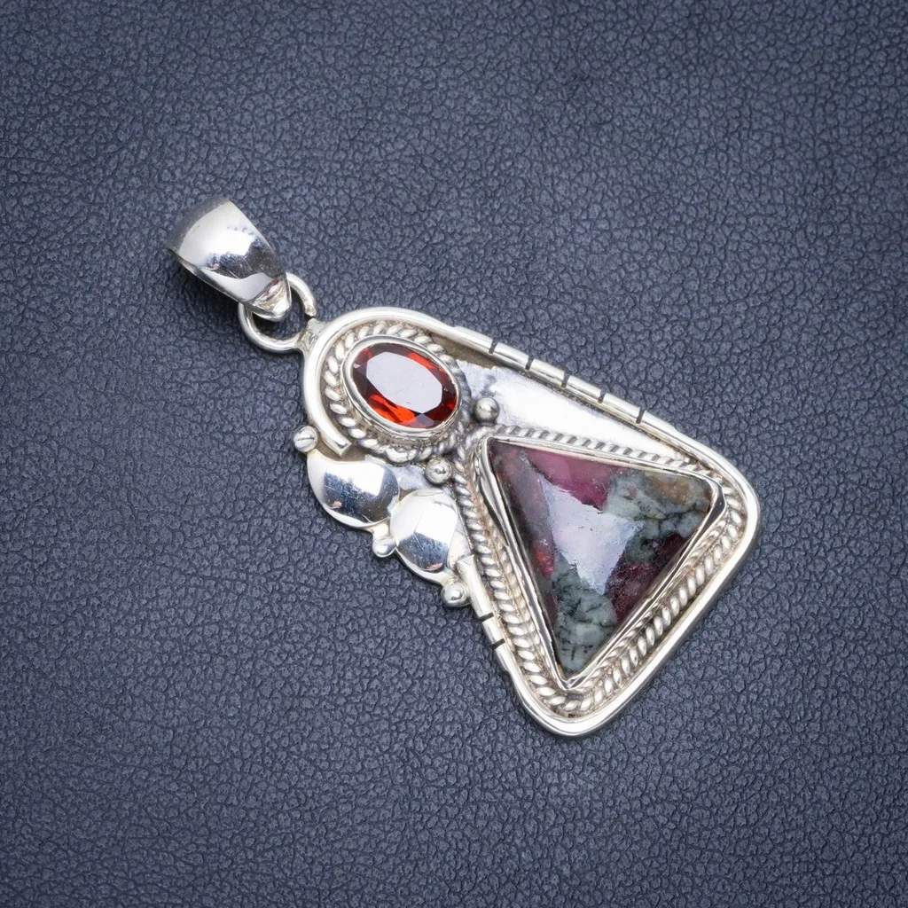 

Natural Ruby Zoisite and Garnet Handmade Unique 925 Sterling Silver Pendant 1.5" A0480