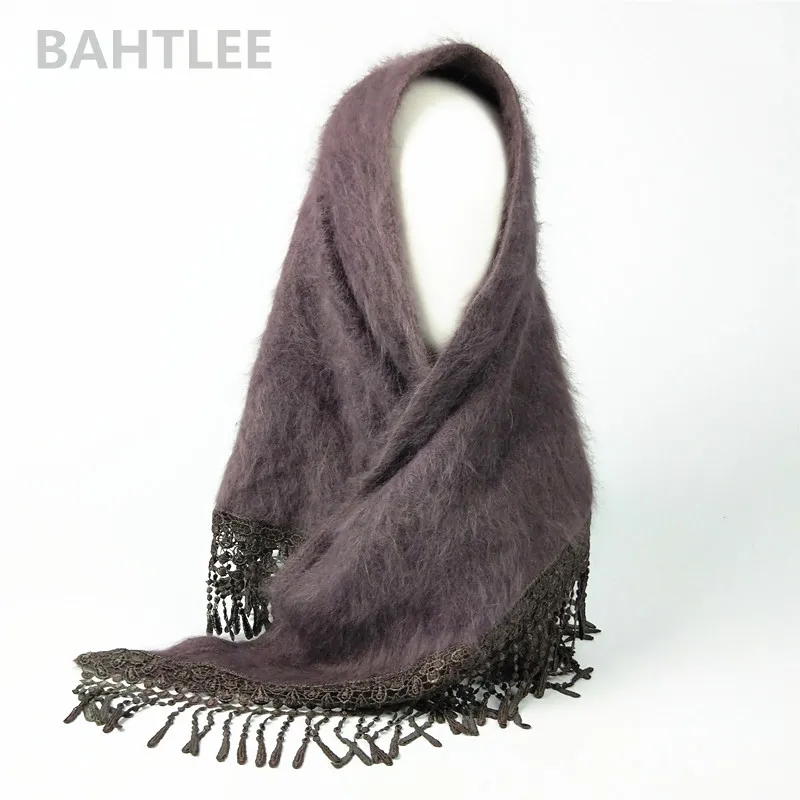 BAHTLEE-Women\'s Turban Hijab Scarf, Angora Rabbit Poncho, Triangular Shawl, Knitted Real Fur Wrap, Cloak Cape, Winter