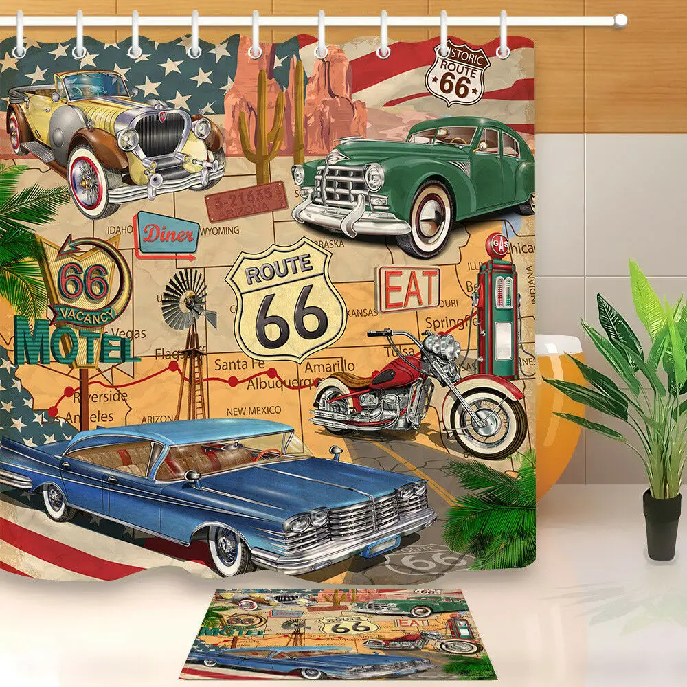 Car Motel Route 66 Fabric Shower Curtain Set Waterproof Bathroom Accessories