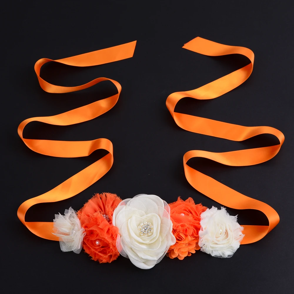 1 conjunto Cinturão de Flores com Headband Da Flor para Meninas Mulher Maternidade Cintos Cinto de Cetim De Casamento Laranja Faixa Da Menina de Flor Crianças cinto