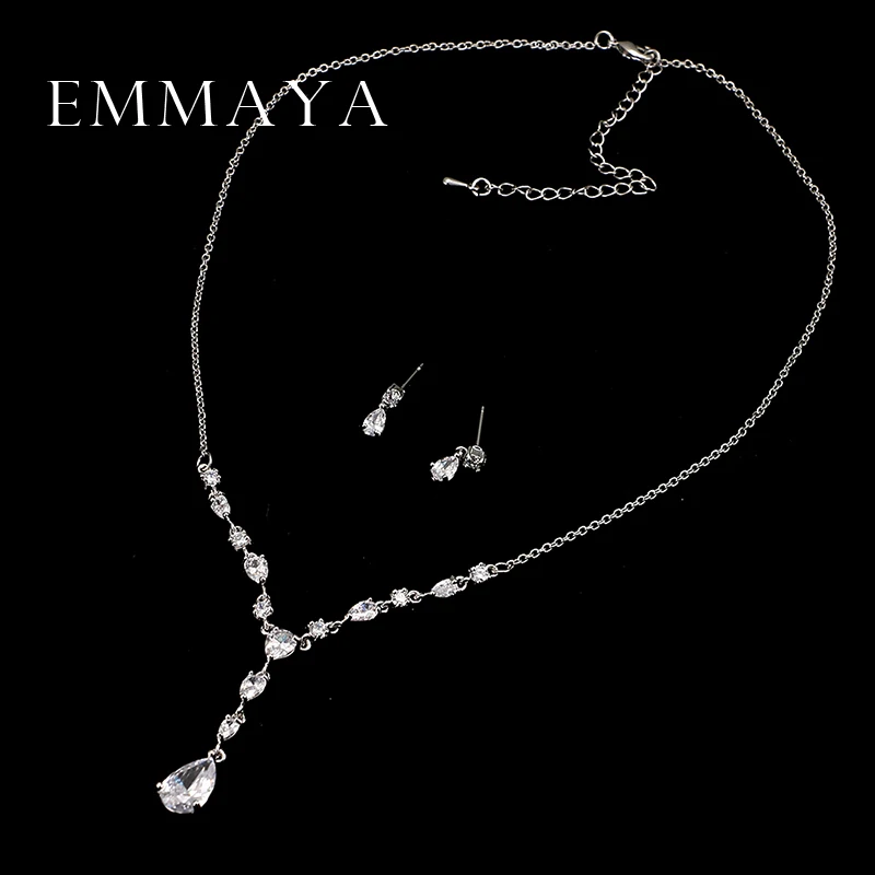 Emmaya Trendy White Water Drop Cubic Zirconia Wedding Jewelry Sets Luxury Statement Necklace Earrings Set Dress Accessories