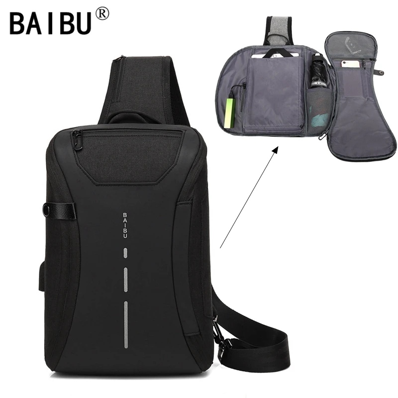 BAIBU Multifunction Crossbody Bags Men USB Charging Chest Pack Short Trip Messengers Chest Bag Water Repellent Shoulder Bag Male