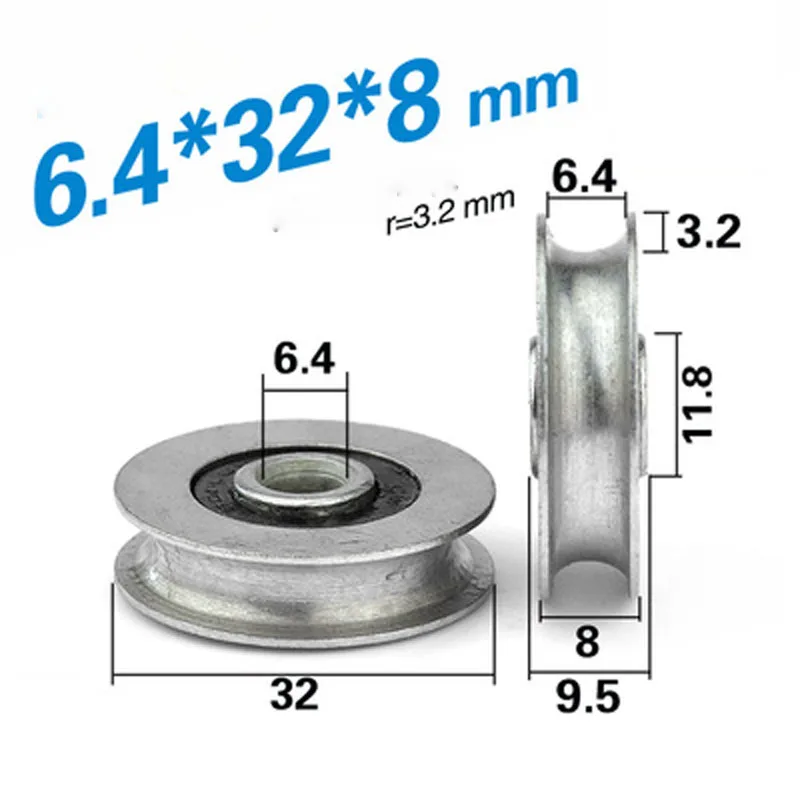 1pcs 6.4*32*8mm Grooved bearing U concave wheel suspension wheel cross line fixed pulley 6mm wire rope guide wheel