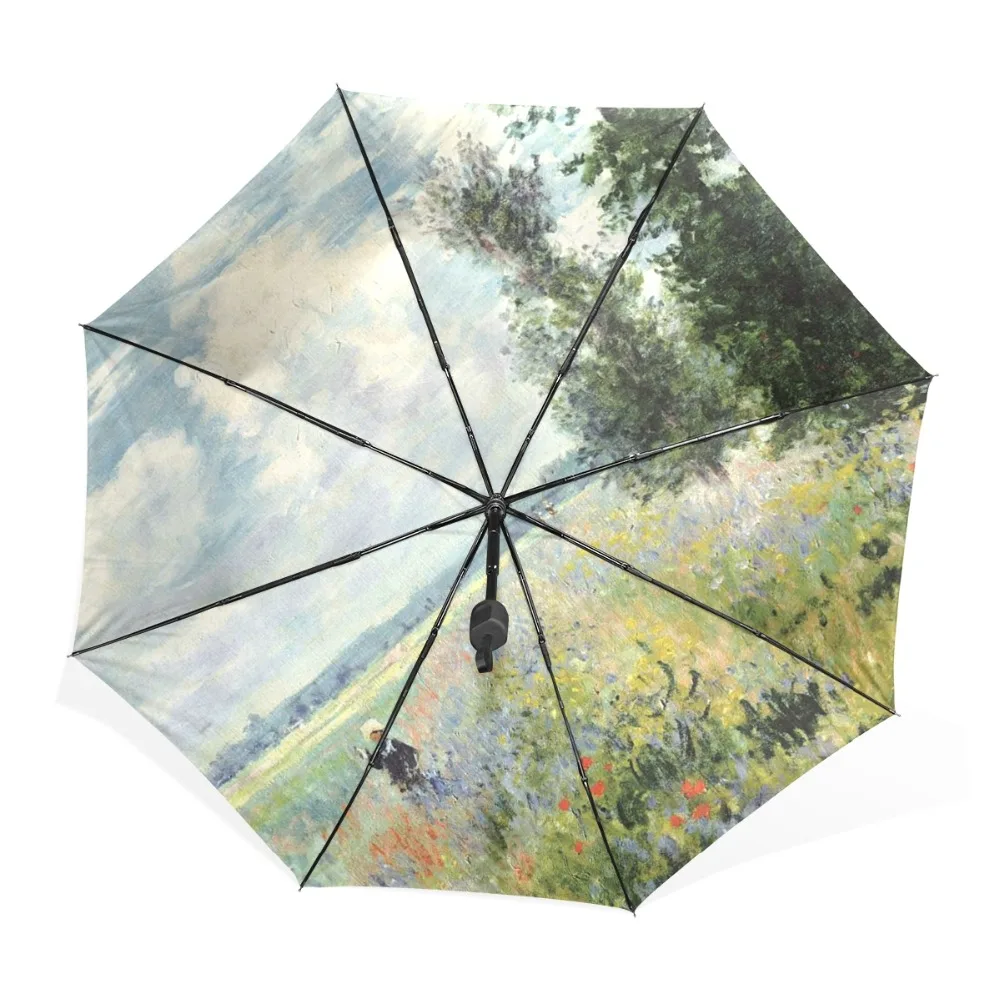 Monet Oil Painting Umbrella Poppy Fields Near Argenteuil Women Umbrella Anti-UV Sun Rain Durable 3 Folding Automatic Umbrella