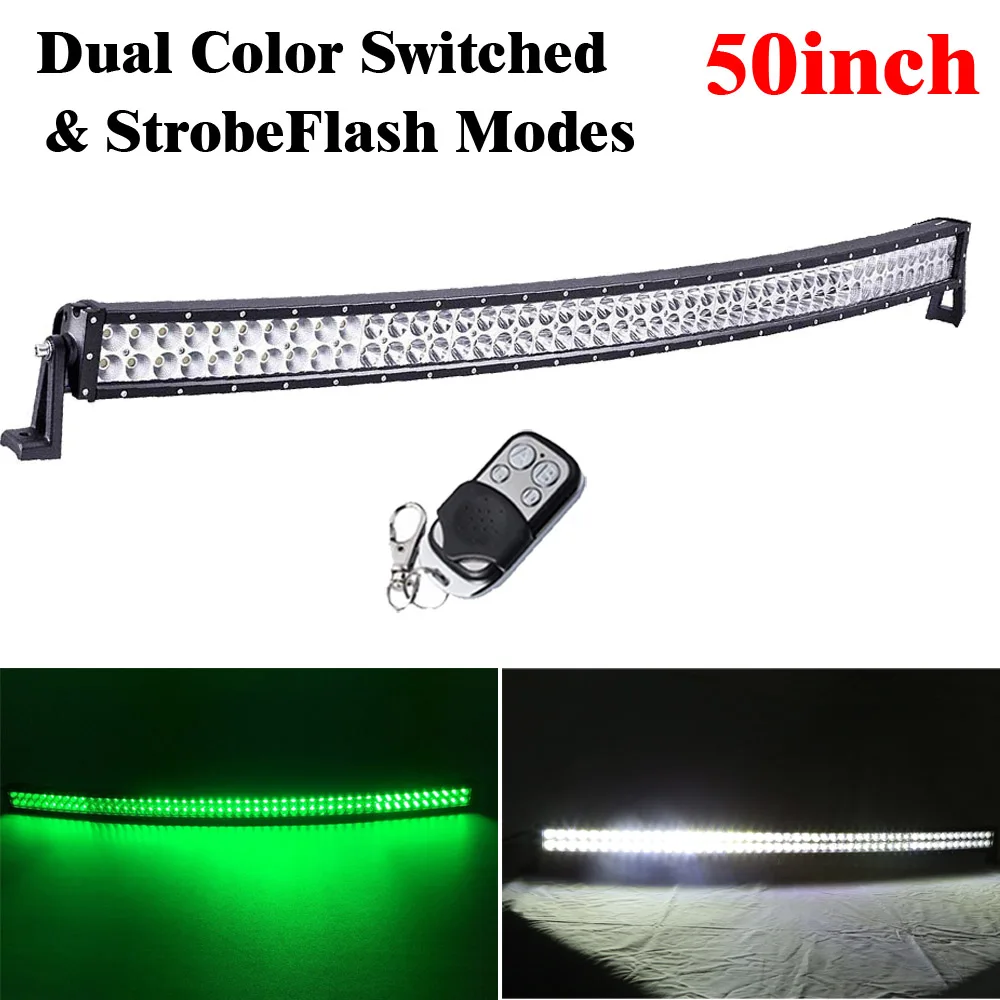 White/Green/Strobeflash 50inch 576W Led Curved Light Bar Waterproof IP68 12V 24V For Off-road Truck ATV Hunting Fishing Working