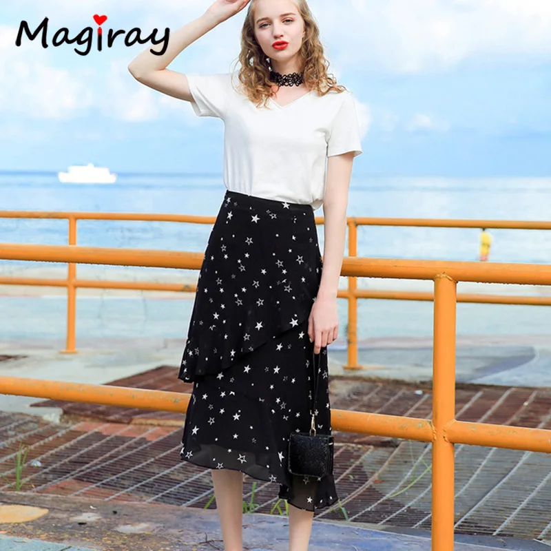 Magiray Stars Print Chiffon Long Skirts Womens Elastic High Waist Ruffle Midi Skirt Summer 2018 A Line Floral Black C478