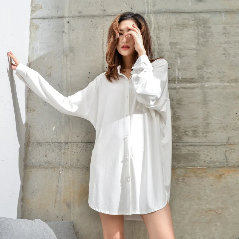 

Loose Size Nightie Shirt Viscose Womens Nightgown Sleepwear Turn-down Collar Sexy Sleepwear Sexy Nightie Night Boyfriend's Shirt