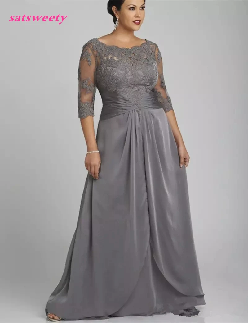 Stile popolare Plus Size grigio madre della sposa abito 3/4 manica scollo tondo pizzo Chiffon lunghezza del pavimento abiti formali