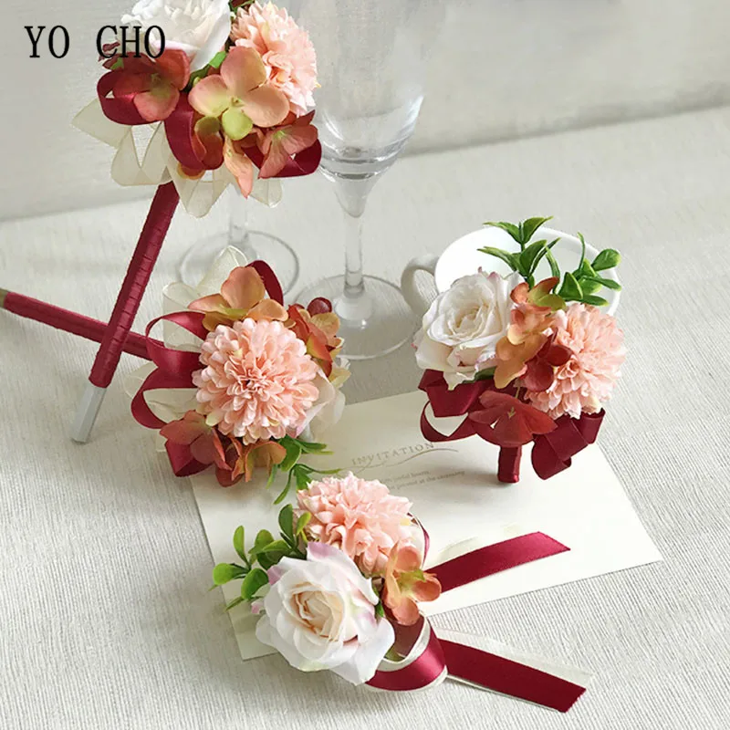 YO CHO Wedding Accessories Boutonnieres Pink Red Roses Ribbon Silk Corsages Boutonnieres Marriage Wedding Boutonniere for Guests