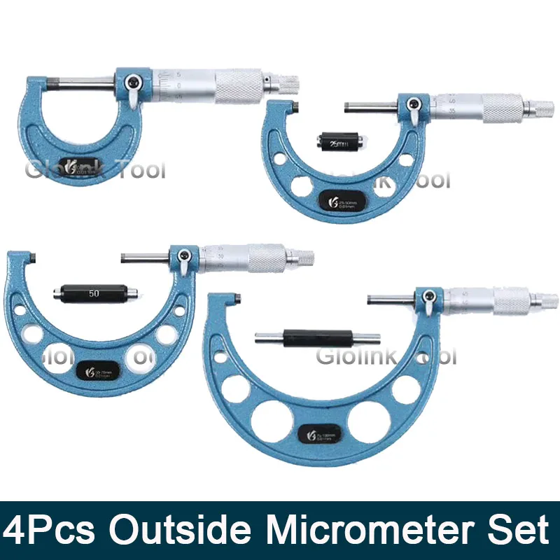 0-25mm/50mm/75mm/100mm/0.01 Outside Micrometer Set Carbide Tipped Metric Gauge Screw Thread Caliper 4Pcs Measuring Tools