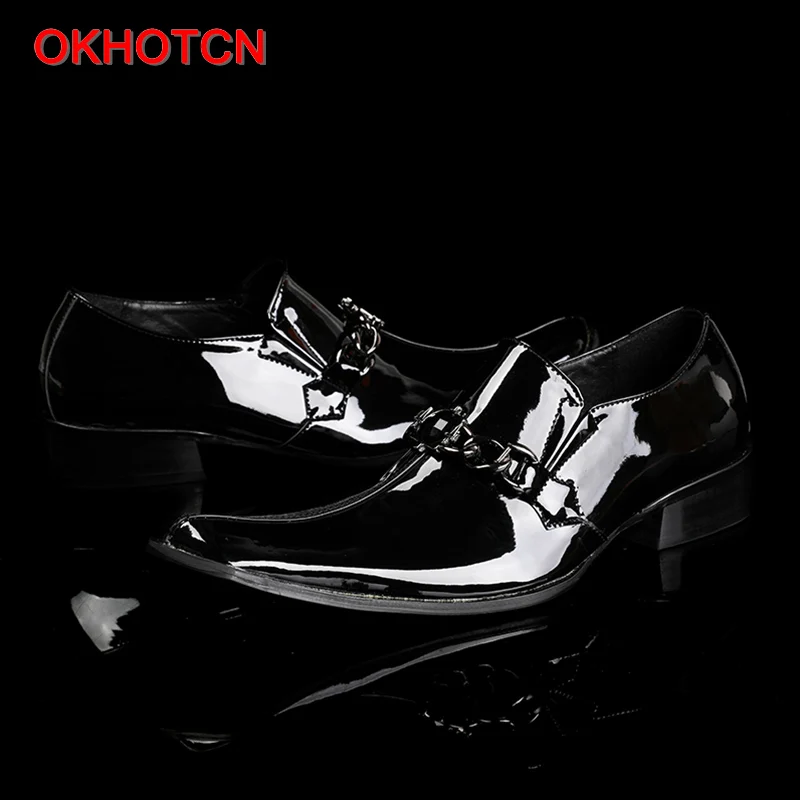 OKHOTCN Pure black man spring autumn shoes genuine leather man formal shoes business party shoes metal decoration square toe