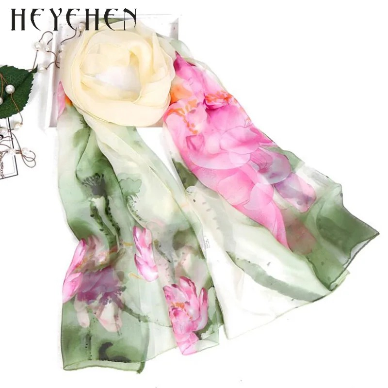 2017 New Fashion Women Foulard Chiffon Georgette Silk Scarf Lotus Leaf Flower Print Sunscreen Bandana Long Shawl Polka Wrap HY92