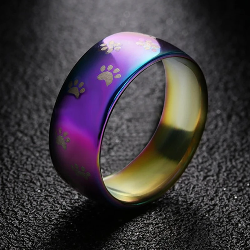 Cute Cat Dog Paw Ring Jewelry Width 8mm Stainless Steel Rainbow Rings for Men and Women Pet Animal Jewelry Lover Gift