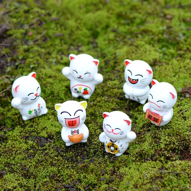 6pcs White Lucky Cat miniature Figurine Japan Anime Models home garden animal decoration accessories fairy craft Bonsai toy