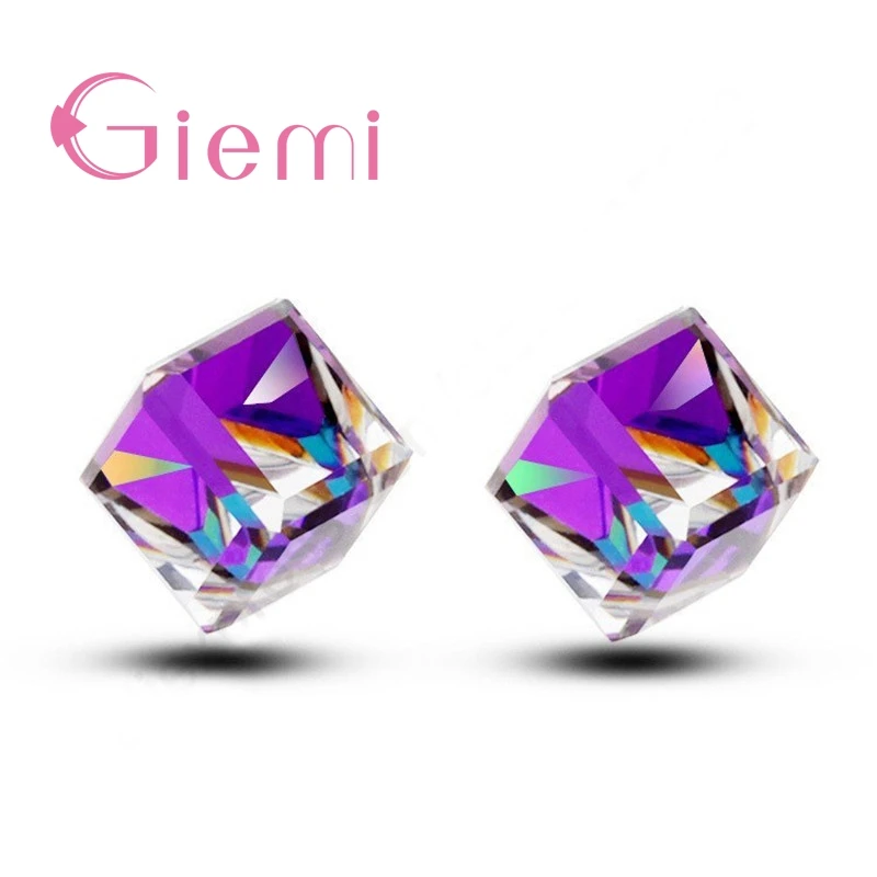 High Class Real 925 Sterling Silver Stud Earrings for Women Girls 8 Colors Options Austrian CZ Crystal Square Design Ear Jewelry