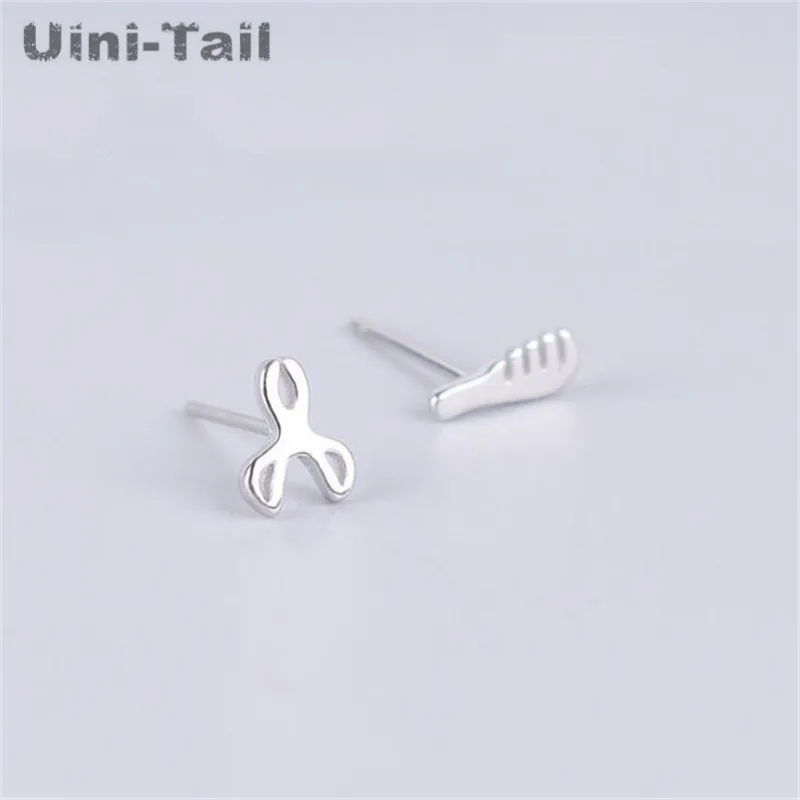 Uini-Tail hot new Korean 925 Tibetan silver asymmetric earrings fashion trend cute small scissors comb earrings women allergy