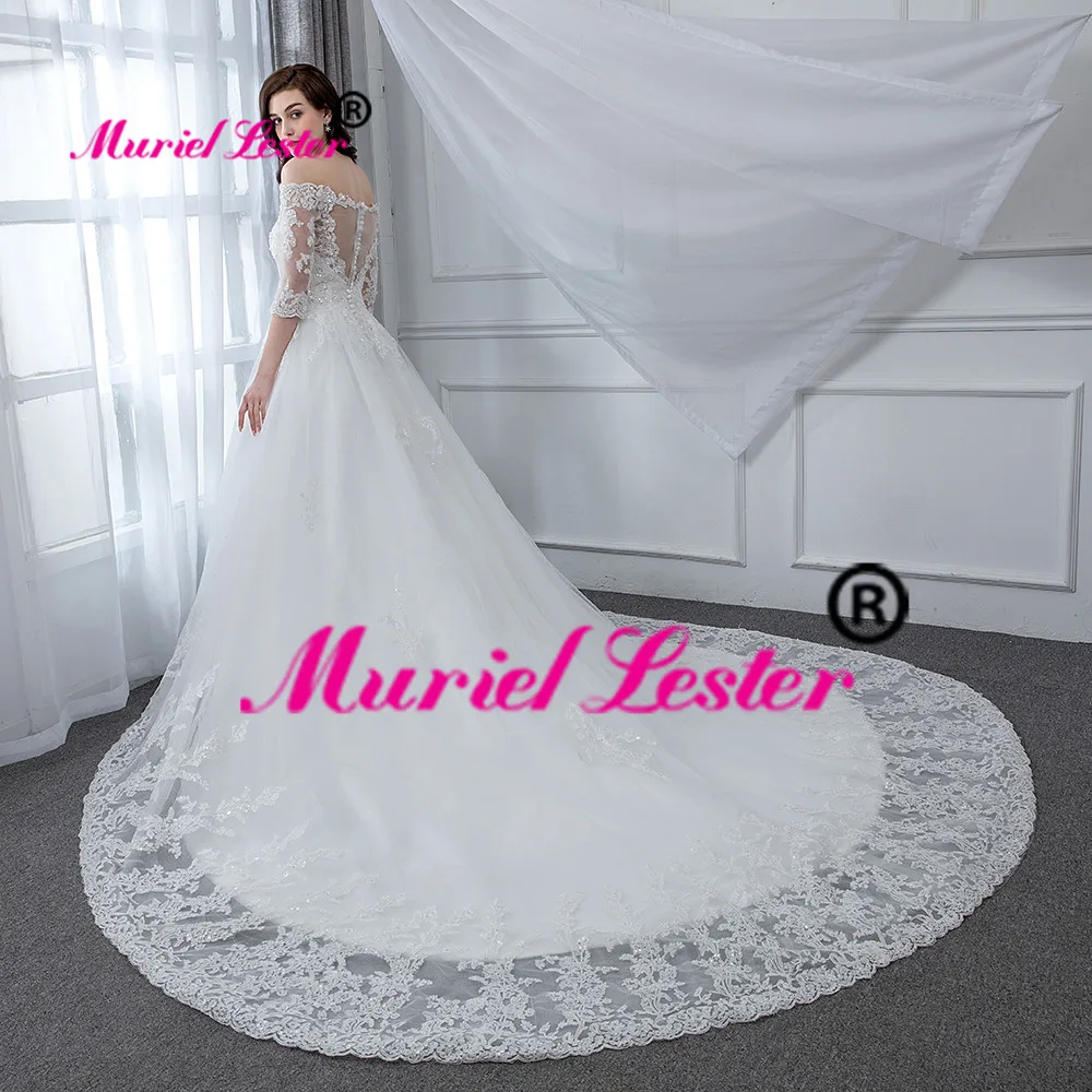 Exquisite Princess Ball Gown Wedding Dresses Custom Made Royal Train V Neck Bride Dress 3/4 Sleeves Appliques Women Clothing