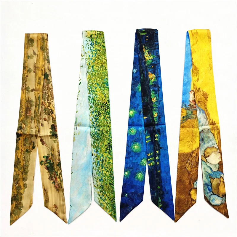 2023 New Design Van Gogh Oil Painting Scarf Women Neckerchief Skinny Silk Scarves For Ladies Bag Head Scarf Tie