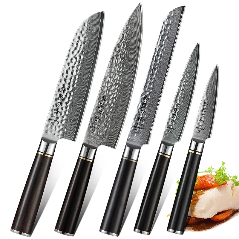 HEZHEN 1-5 sztuk Pro zestawy noży kuchennych japoński Damascus Steel VG Chef chleb Santoku Utility noże do parowania narzędzie do gotowania hebanowy uchwyt