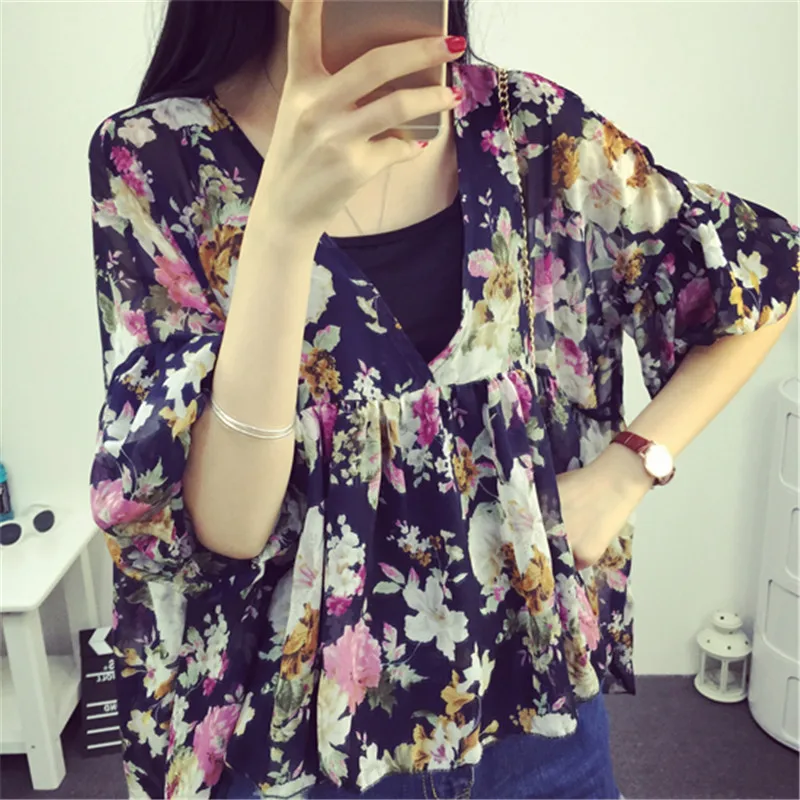 Frauen Floral Print Bluse Casual V-ausschnitt Chiffon Blusen Dame Laterne Hülse Rüschen Shirts unregelmäßigen Blusas Tops Plus Größe A1338