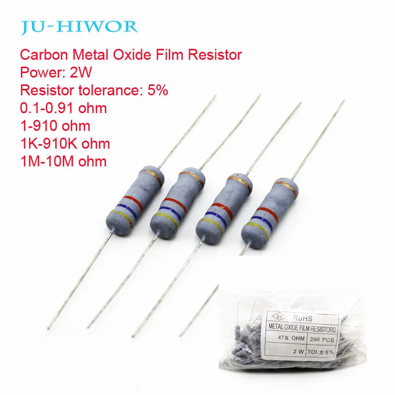 

200pcs 2W 5% Carbon Metal Oxide Film Resistor 0.1-0.91 1-910 1K-910K Ohm 100 200 300 1K 2K 3K 1M Resistors