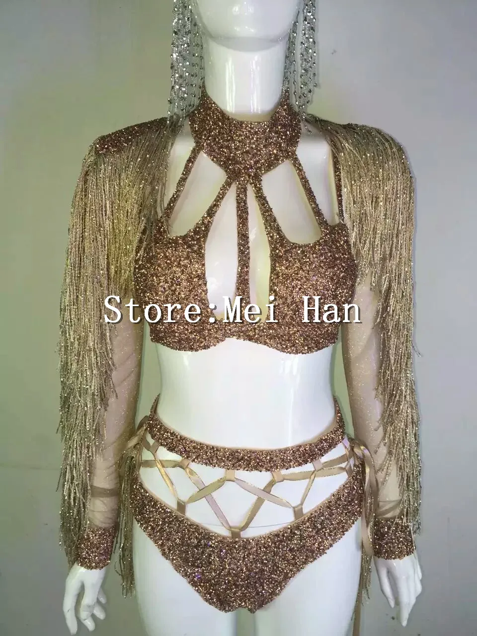 Purple Glisten Sequins Tassel Outfit  Bikini Bra Short For Female Singer Party Stage Bright Costume Dance Performance Set