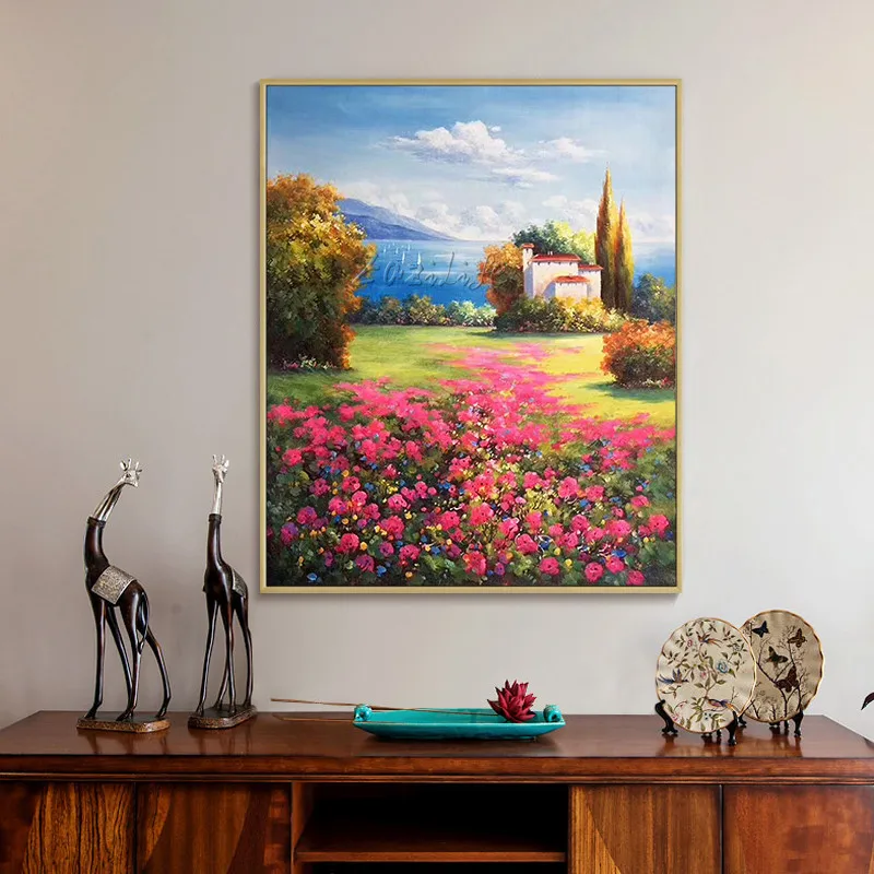 

Original Mediterranean landscape painting on canvas art oil texture flower mountain Wall Art picture for living room quadros