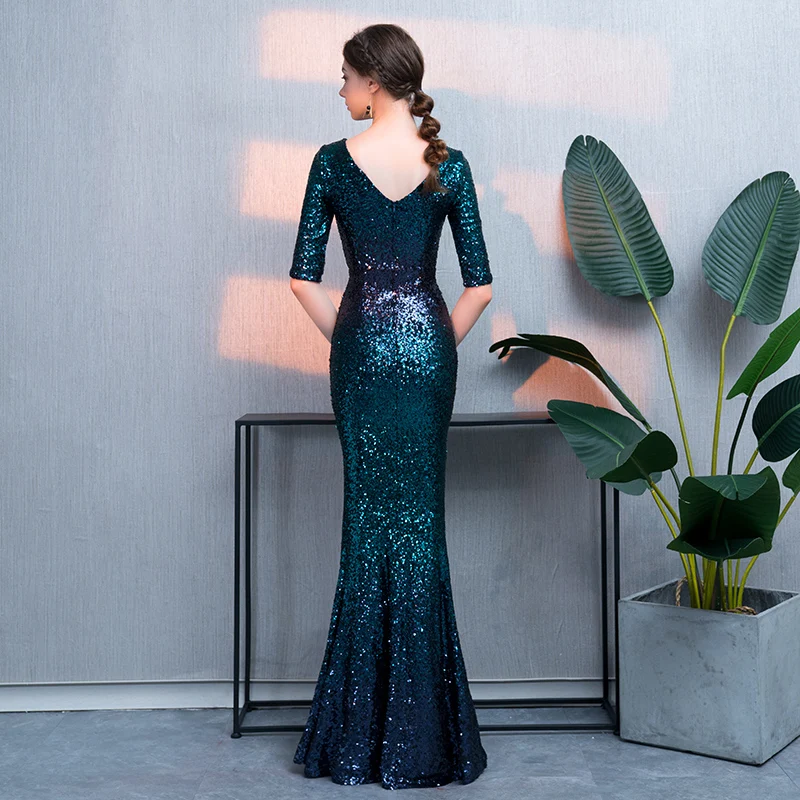 weiyin New Arrival Robe De Soiree 2020 Luxury V Neck Sequin Gowns Evening Dress Long Mermaid Formal Party Dress WY859