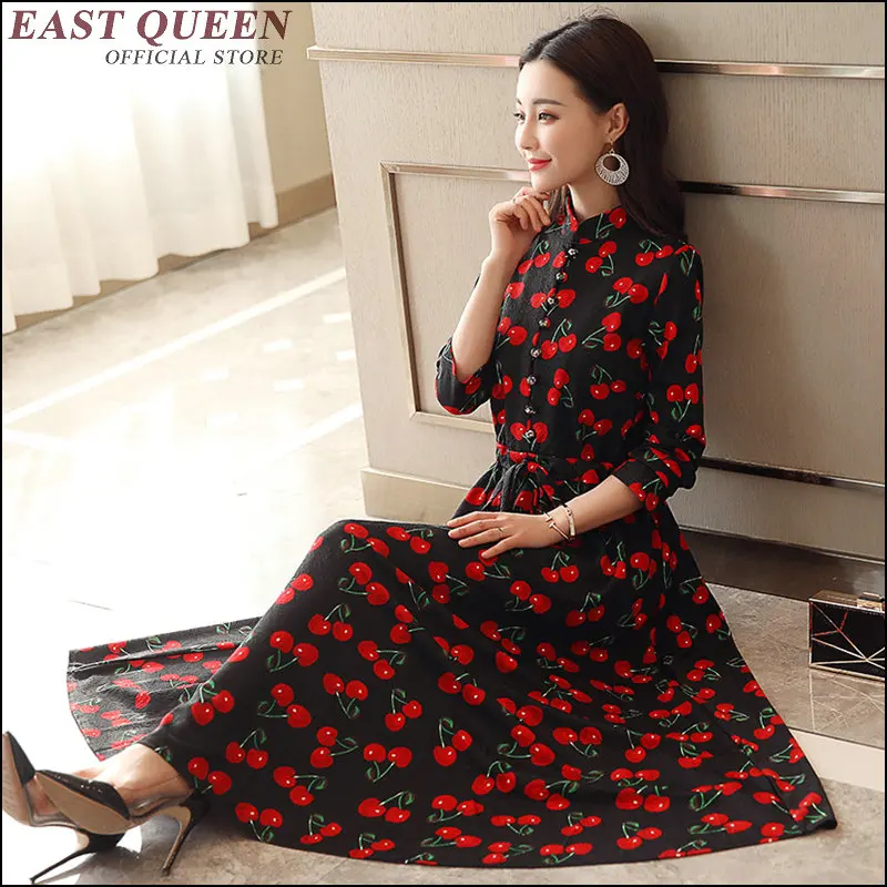 

Autumn women dress bodycon full sleeve bud sashes floral print mid-calf mandarin collar tunic elegant ladies dresses AA3488 L