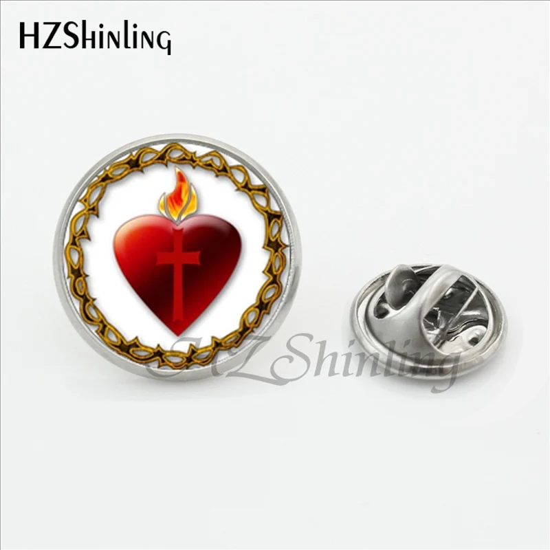 2017 New All Saints Catholic Church Sacred Heart Brooch Christian Glass Jewelry Lapel Pins Stainless Steel Collar Pin