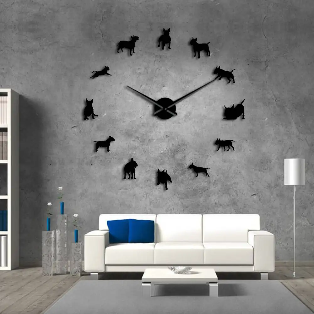 Bull Terrier Dog Wall Art DIY Large Wall Clock Dog Breed Pug Big Needle Clock Watch Pet Shop Decor Gift for Bull Terrier Lovers