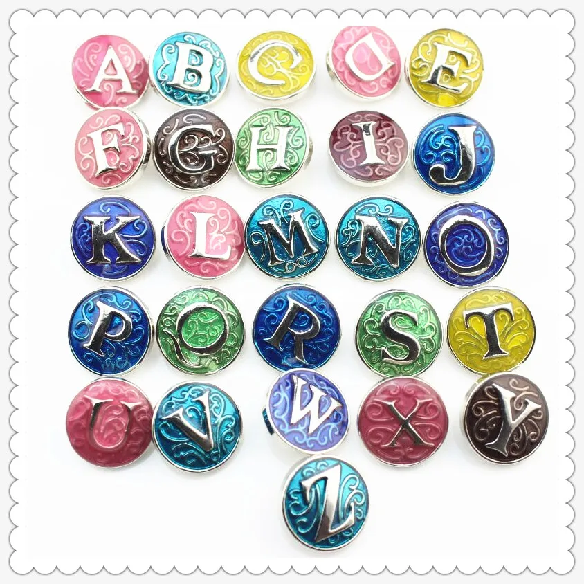 130pcs Mix Enamel  A-Z Alphabet  Letters Snap Buttons Charms fit 18mm Ginger Buttons Snap Bracelet&Bangles DIY Snap Jewelry