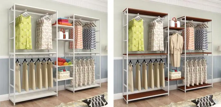 

Clothing stores display shelves, floor double-deck hangers for men and women, high cabinet side hangers for clothes