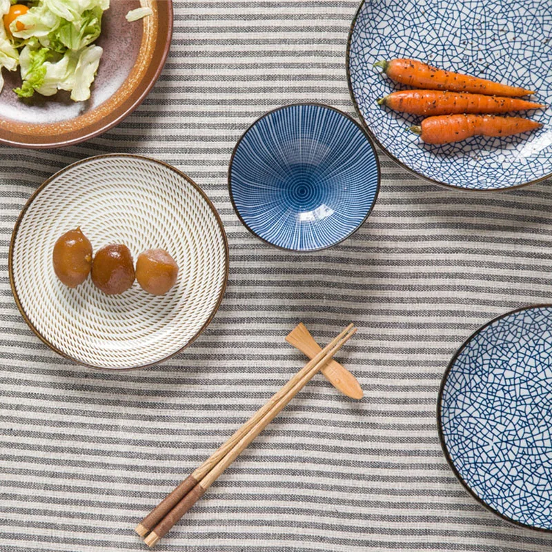 ANTOWALL 7pcs/set Japanese Style Ceramic Dinnerware Set Blue Kitchen Tableware Included Bowls Dishes Plates