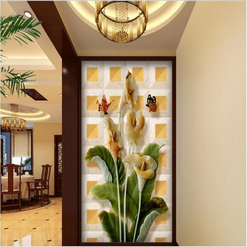 

wellyu Customized large-scale murals jade carving Calla Dielianhua aisle TV background wall painting non-woven wallpaper