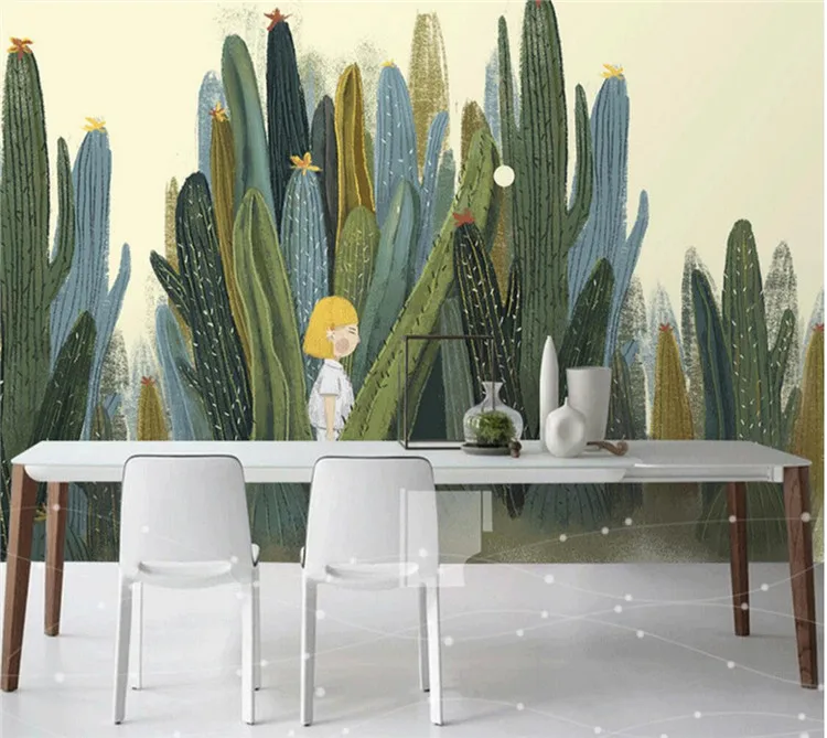 Nordic cactus bedroom wallpaper cartoon little girl plant TV wall cloth simple hand-painted American pastoral custom mural